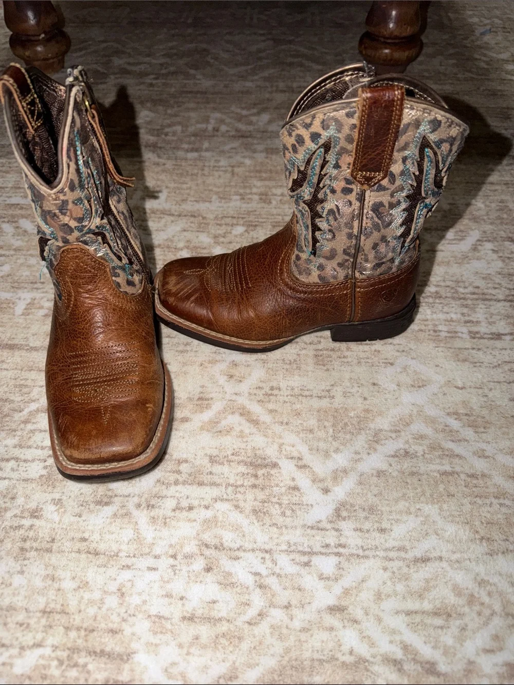 Ariat Kids Brown Leather Cowboy Boots with Leopard-Print Shaft & Teal Stitching